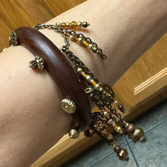 Wooden Bracelet with Gold Accents and Chains - Picture 12 of 13